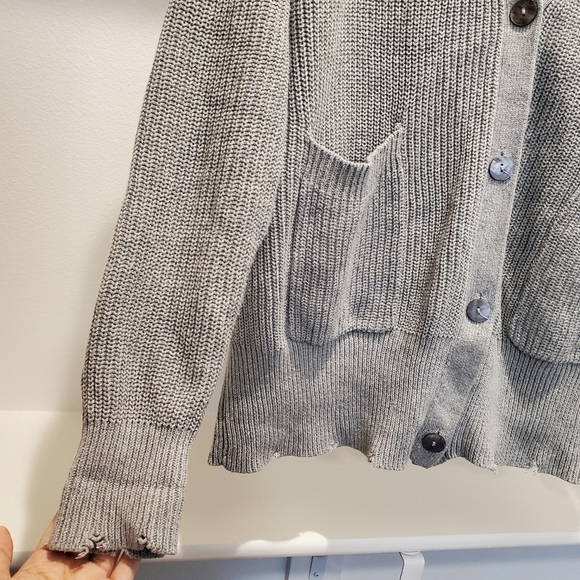Vici Mindy Gray Button Front Distressed Cotton Ribbed Knit Cardigan Sweater - Picture 7 of 10